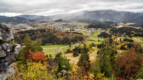 High angle view of trees on landscape against sky