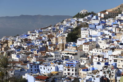 Aerial view of chefchaouen against sky, morocco 