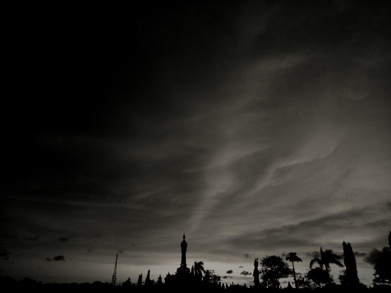 sky, low angle view, silhouette, cloud - sky, tree, no people, nature, outdoors, architecture, day