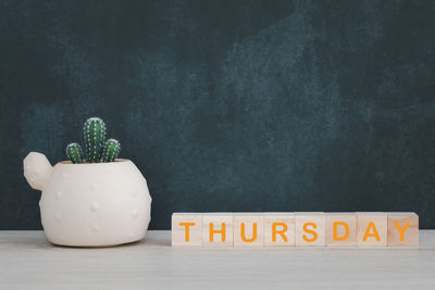 Close-up of potted plants on table against wall
