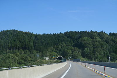 Road by trees against blue sky