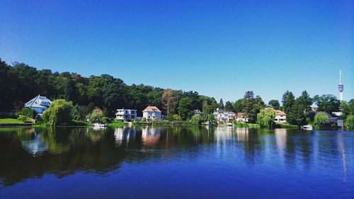 Scenic view of calm river against clear blue sky