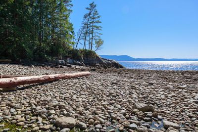 Surface level of stones on beach against clear sky