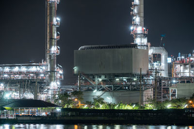 Illuminated factory against sky at night