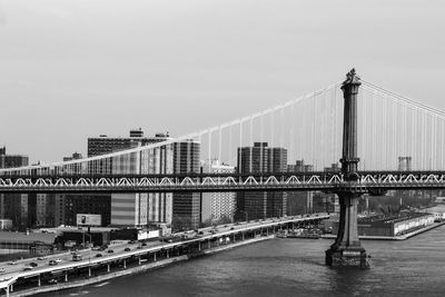 Bridge over river in city against clear sky