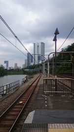 Railroad tracks against cloudy sky