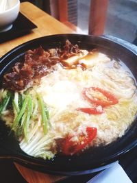 High angle view of food in bowl on table