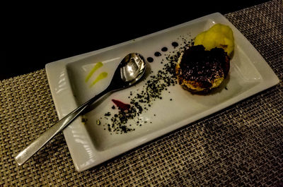 Close-up of dessert served on table