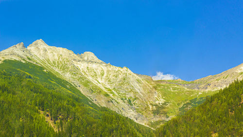 Scenic view of mountains against clear blue sky