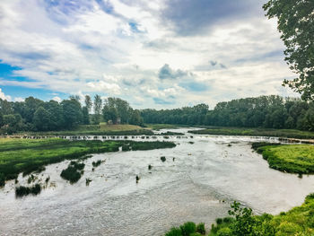 River flowing by trees against sky