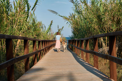 Woman walks with her dog on a wooden catwalk towards the sea