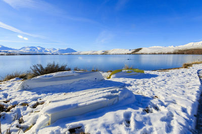 Scenic view of lake against blue sky during winter