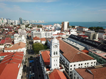 High angle shot of townscape against sky