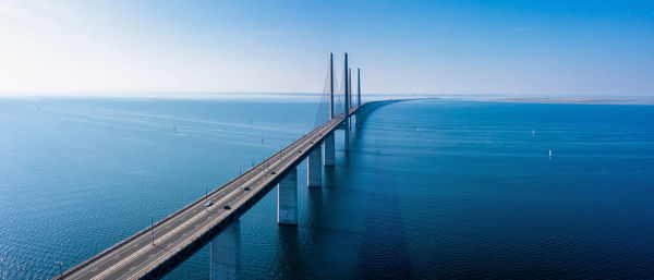 Panoramic view of oresund bridge during sunset over the baltic sea