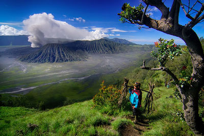 Rear view of man walking on mountain