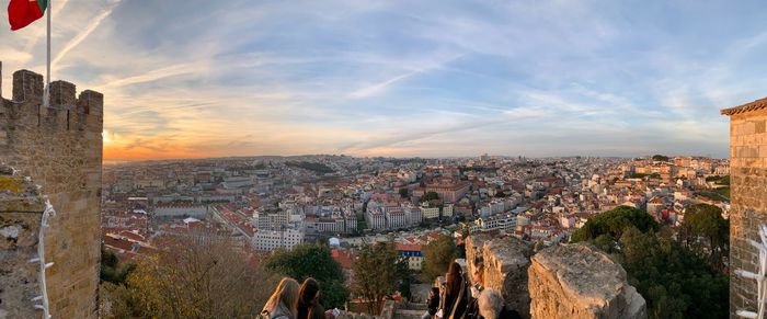 High angle view of city against sky during sunset