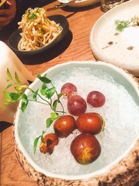 High angle view of salad in bowl on table