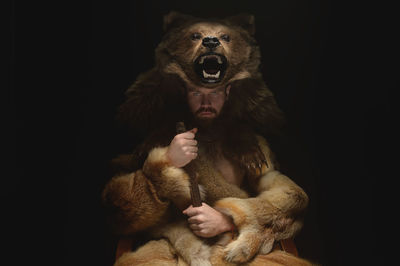 Traditional medieval costume. a man in a wild bear animal costume sits on a black background. shaman