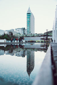 Reflection of buildings in city against clear sky