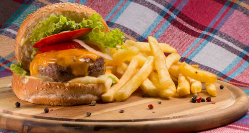 Close-up of burger on table
