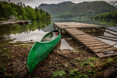 Boats moored in lake against trees