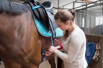 Smiling young woman fastening saddle belt on horse at stable