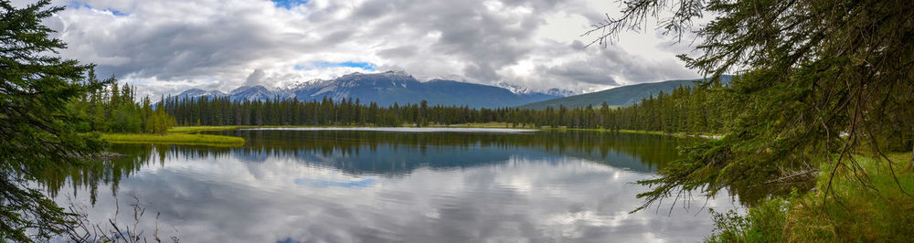 Panoramic view of lake and mountains against sky