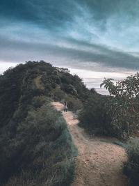 People walking on road amidst trees against sky