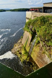 High angle view of dam by river