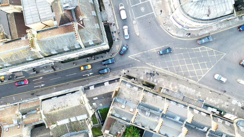 High angle view of street and buildings in city