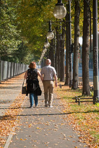 Rear view of friends walking on footpath in park