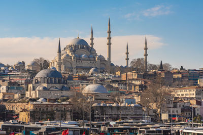 Panoramic view of buildings in city against sky