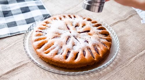 High angle view of dessert on table