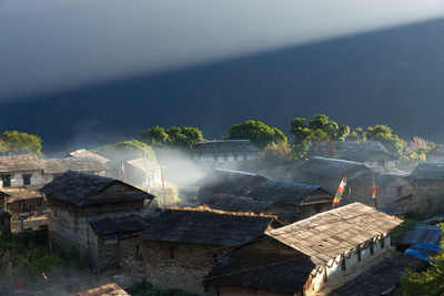 High angle view of buildings against sky
