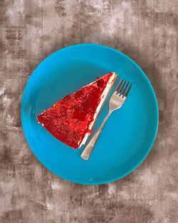 High angle view of cake in plate on table