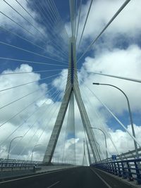 Low angle view of suspension bridge against sky