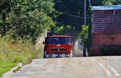 Red truck on road amidst trees