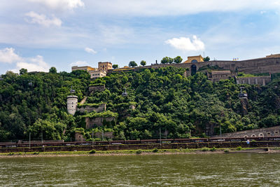 Fortress ehrenbreitstein and the river rhine at deutsches eck in koblenz