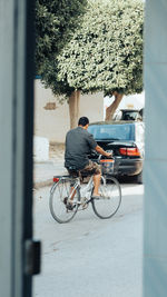 Rear view of man riding bicycle on street