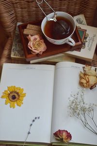 High angle view of open book on table