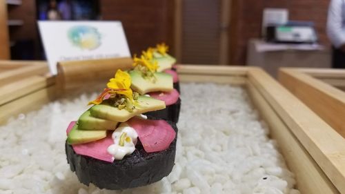 Close-up of cake served on table