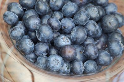 High angle view of blueberries in bowl