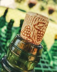 Close-up of cork on wine bottle