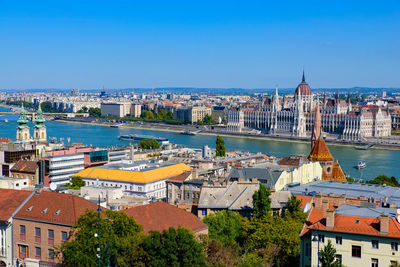 High angle view of city buildings by river against sky