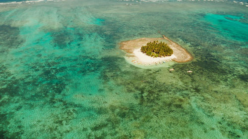 Seascape with beautiful beach and tropical island palm trees by coral reef from above. guyam island
