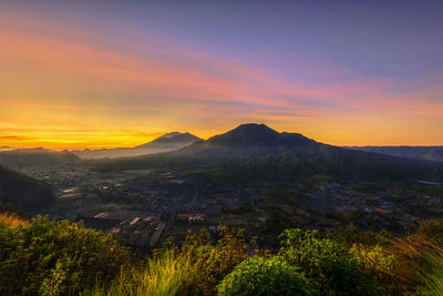 High angle view of landscape against sky during sunset