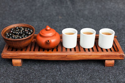 High angle view of various food on table