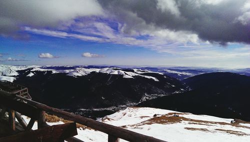 Scenic view of mountains against cloudy sky