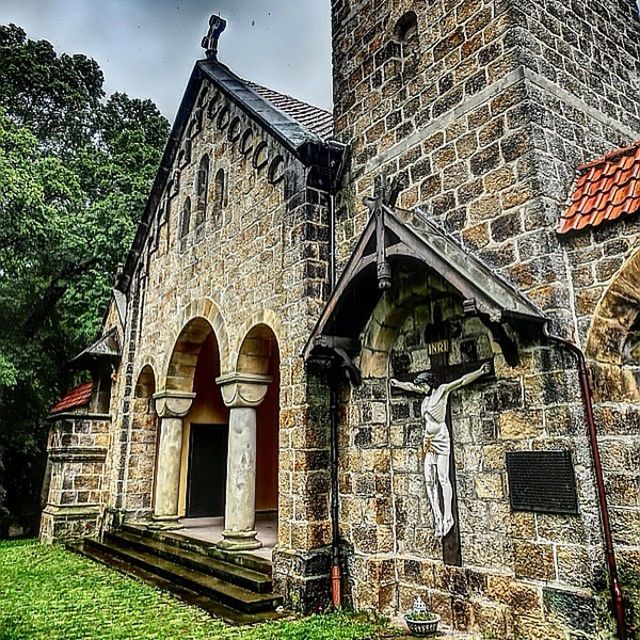 architecture, building exterior, built structure, old, abandoned, window, low angle view, arch, obsolete, damaged, history, brick wall, deterioration, building, grass, run-down, tree, sky, day, outdoors