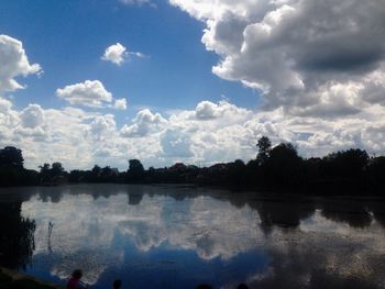 Scenic view of lake against cloudy sky